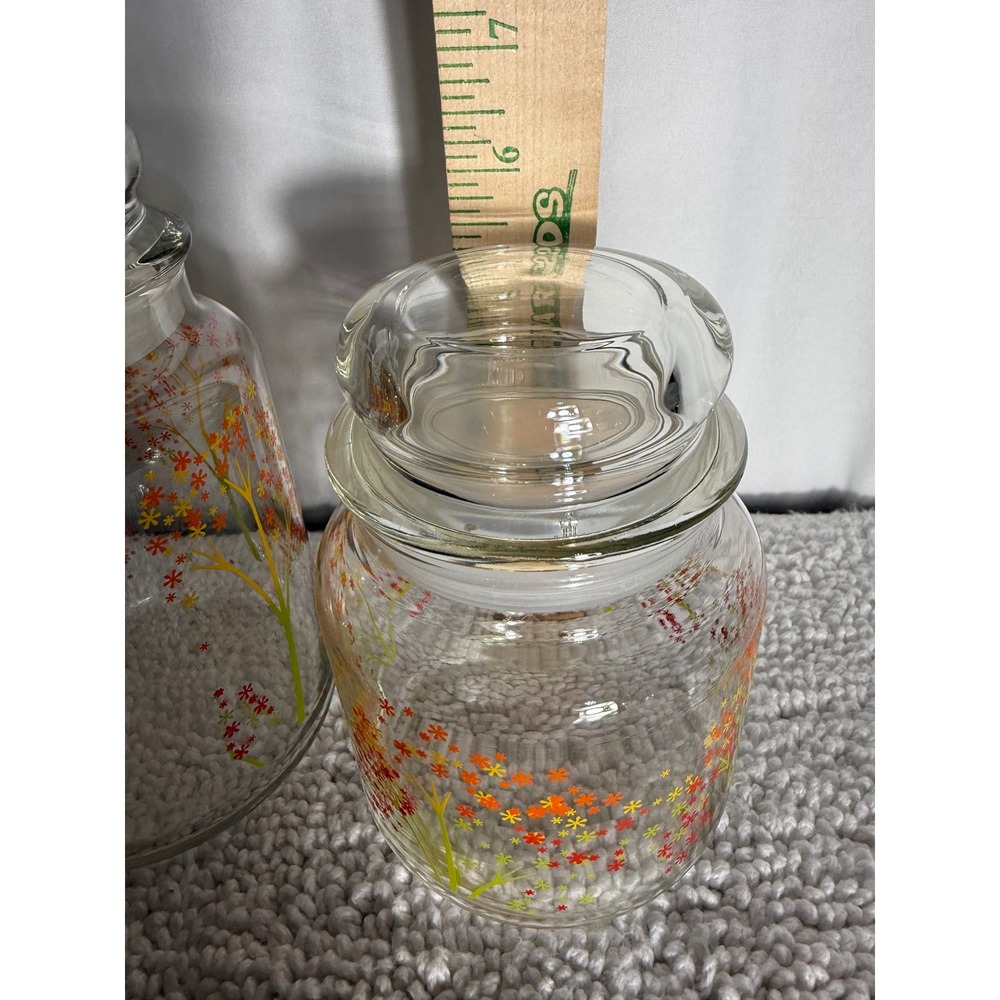 Vintage Libbey Glass Canister Set 3pc Autumn Floral Orange Yellow Flower Jars - Picture 4 of 9